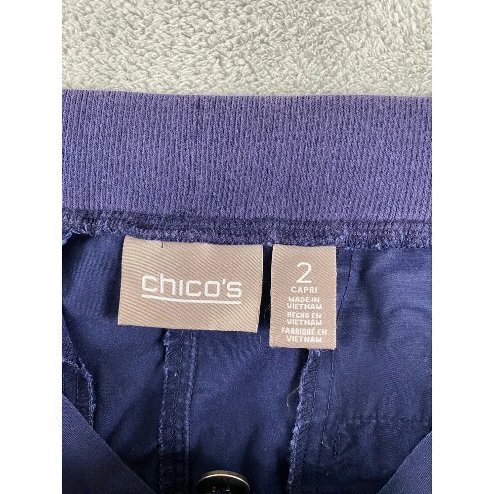 Chicos Womens Navy Blue Capri Pants Sz 2 Elastic Waist Front Seam Cropped Pants